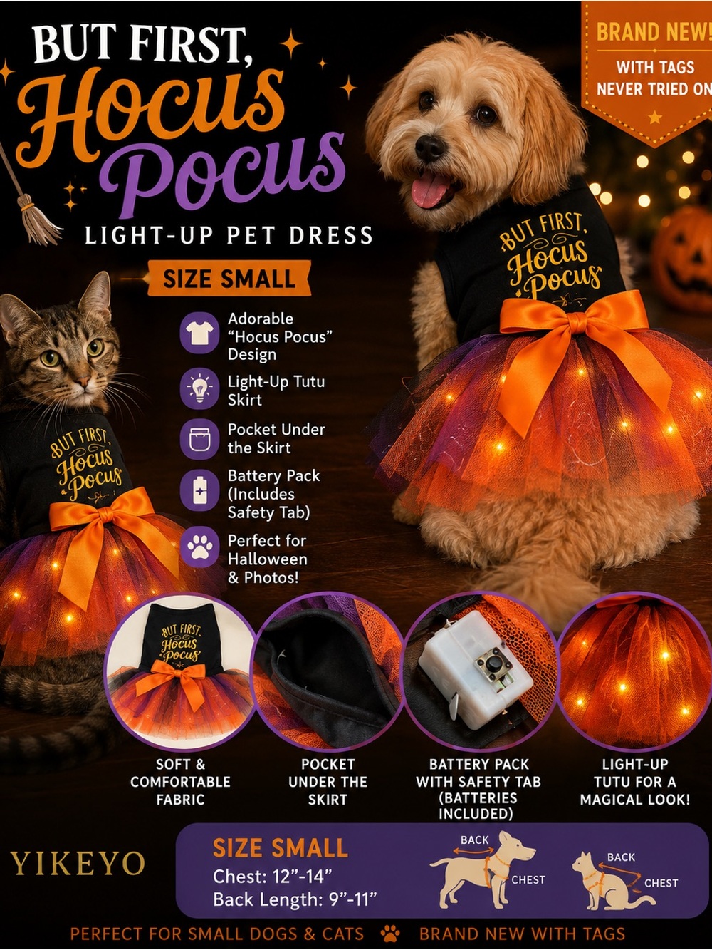 Yikeyo "But First, Hocus Pocus" Light-Up Pet Dress - Orange & Black - Small